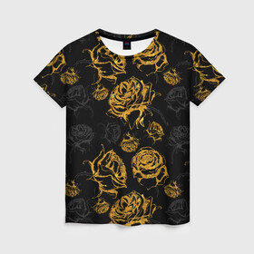 Женская футболка 3D с принтом Розы. Золото с черным в Новосибирске, 100% полиэфир ( синтетическое хлопкоподобное полотно) | прямой крой, круглый вырез горловины, длина до линии бедер | вечерний | графика | графический | золотистый | золото | золотой | крупные | праздничный | розочки | розы | темный | цветочки | цветочный | цветы | черный