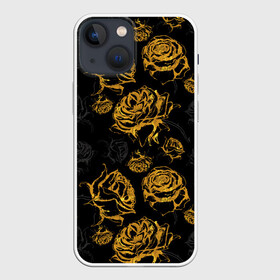 Чехол для iPhone 13 mini с принтом Розы. Золото с черным в Новосибирске,  |  | вечерний | графика | графический | золотистый | золото | золотой | крупные | праздничный | розочки | розы | темный | цветочки | цветочный | цветы | черный