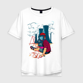 Мужская футболка хлопок Oversize с принтом Изменим печальное будущее  в Новосибирске, 100% хлопок | свободный крой, круглый ворот, “спинка” длиннее передней части | Тематика изображения на принте: help | воздух | дым | заводы | загрязнение | качели | противогаз | ребенок | спасите | экология