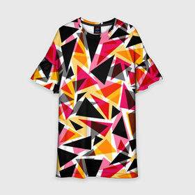 Детское платье 3D с принтом Разноцветные треугольники в Новосибирске, 100% полиэстер | прямой силуэт, чуть расширенный к низу. Круглая горловина, на рукавах — воланы | Тематика изображения на принте: абстрактный | геометрические фигуры | геометрический узор | желтый | красный | полигональный | разноцветный | треугольники | черный