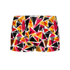 Мужские трусы 3D с принтом Разноцветные треугольники в Новосибирске, 50% хлопок, 50% полиэстер | классическая посадка, на поясе мягкая тканевая резинка | Тематика изображения на принте: абстрактный | геометрические фигуры | геометрический узор | желтый | красный | полигональный | разноцветный | треугольники | черный