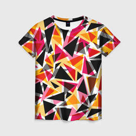 Женская футболка 3D с принтом Разноцветные треугольники в Новосибирске, 100% полиэфир ( синтетическое хлопкоподобное полотно) | прямой крой, круглый вырез горловины, длина до линии бедер | Тематика изображения на принте: абстрактный | геометрические фигуры | геометрический узор | желтый | красный | полигональный | разноцветный | треугольники | черный