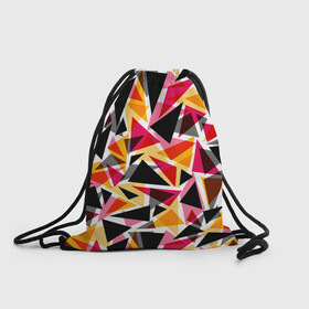 Рюкзак-мешок 3D с принтом Разноцветные треугольники в Новосибирске, 100% полиэстер | плотность ткани — 200 г/м2, размер — 35 х 45 см; лямки — толстые шнурки, застежка на шнуровке, без карманов и подкладки | Тематика изображения на принте: абстрактный | геометрические фигуры | геометрический узор | желтый | красный | полигональный | разноцветный | треугольники | черный
