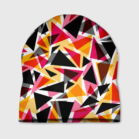 Шапка 3D с принтом Разноцветные треугольники в Новосибирске, 100% полиэстер | универсальный размер, печать по всей поверхности изделия | абстрактный | геометрические фигуры | геометрический узор | желтый | красный | полигональный | разноцветный | треугольники | черный