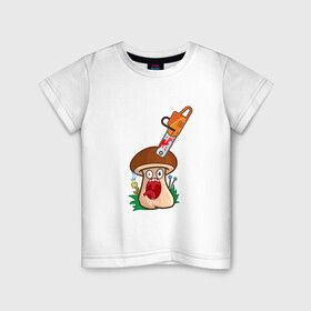 Детская футболка хлопок с принтом Испуганный в Новосибирске, 100% хлопок | круглый вырез горловины, полуприлегающий силуэт, длина до линии бедер | horror | mushroom | бензопила | гриб | мультяшка | смайл | ужас | хоррор
