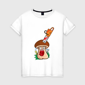 Женская футболка хлопок с принтом Испуганный в Новосибирске, 100% хлопок | прямой крой, круглый вырез горловины, длина до линии бедер, слегка спущенное плечо | horror | mushroom | бензопила | гриб | мультяшка | смайл | ужас | хоррор