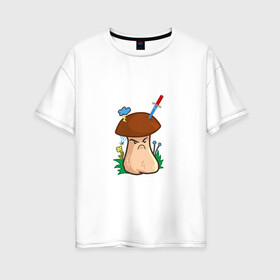 Женская футболка хлопок Oversize с принтом Недовольный в Новосибирске, 100% хлопок | свободный крой, круглый ворот, спущенный рукав, длина до линии бедер
 | evil | mushroom | гриб | злой | мультяшка | недовольный | сердитый | смайл