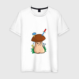 Мужская футболка хлопок с принтом Недовольный в Новосибирске, 100% хлопок | прямой крой, круглый вырез горловины, длина до линии бедер, слегка спущенное плечо. | evil | mushroom | гриб | злой | мультяшка | недовольный | сердитый | смайл