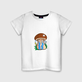 Детская футболка хлопок с принтом Плачь в Новосибирске, 100% хлопок | круглый вырез горловины, полуприлегающий силуэт, длина до линии бедер | mushroom | гриб | мультяшка | обида | плачь | расстроенный | реветь | слезы | смайл