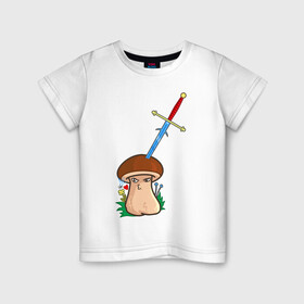 Детская футболка хлопок с принтом Романтик в Новосибирске, 100% хлопок | круглый вырез горловины, полуприлегающий силуэт, длина до линии бедер | mushroom | гриб | меч | мультяшка | поцелуй | романтик | рыцарь | сердечко | смайл