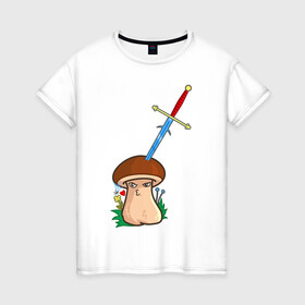 Женская футболка хлопок с принтом Романтик в Новосибирске, 100% хлопок | прямой крой, круглый вырез горловины, длина до линии бедер, слегка спущенное плечо | mushroom | гриб | меч | мультяшка | поцелуй | романтик | рыцарь | сердечко | смайл
