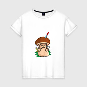 Женская футболка хлопок с принтом Дерзкий в Новосибирске, 100% хлопок | прямой крой, круглый вырез горловины, длина до линии бедер, слегка спущенное плечо | mushroom | агрессивный | бабочка | гангстер | гриб | дерзкий | мультяшка | нож | смайл