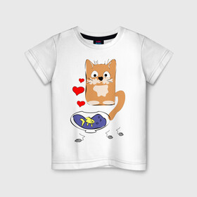 Детская футболка хлопок с принтом Рыжий кот в Новосибирске, 100% хлопок | круглый вырез горловины, полуприлегающий силуэт, длина до линии бедер | Тематика изображения на принте: животные | кот | мышка | рыбка | сердца