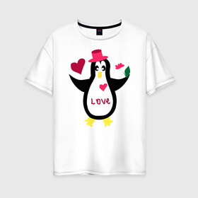 Женская футболка хлопок Oversize с принтом Влюбленный пингвин в Новосибирске, 100% хлопок | свободный крой, круглый ворот, спущенный рукав, длина до линии бедер
 | животные | кавайи | любовь | надпись на английском | сердца | цветы