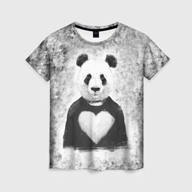 Женская футболка 3D с принтом Панда Любовь Сердце Меланж  в Новосибирске, 100% полиэфир ( синтетическое хлопкоподобное полотно) | прямой крой, круглый вырез горловины, длина до линии бедер | animals | beast | panda | глаза | животные | звери | краски | любовь | меланж | милые | панда | пятна | растения | сердце | серый | цветы | чб | эвкалипт