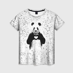Женская футболка 3D с принтом Панда Любовь Сердце Брызги в Новосибирске, 100% полиэфир ( синтетическое хлопкоподобное полотно) | прямой крой, круглый вырез горловины, длина до линии бедер | animals | beast | panda | брызги | глаза | животные | звери | краски | любовь | милые | панда | пятна | растения | сердце | серый | точки | цветы | чб | эвкалипт