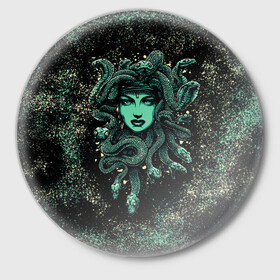 Значок с принтом Медуза в Новосибирске,  металл | круглая форма, металлическая застежка в виде булавки | бирюзовый. | греческие мифология | женщина | змеи | краски | красный | медуза горгона
