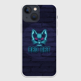 Чехол для iPhone 13 mini с принтом Bad cat в Новосибирске,  |  | neon | neon cat | кирпич | неон | неоновый кот | стена | тренд