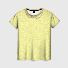 Женская футболка 3D с принтом Желтые кружева в Новосибирске, 100% полиэфир ( синтетическое хлопкоподобное полотно) | прямой крой, круглый вырез горловины, длина до линии бедер | бусы | жемчуг | кружево | пионы | солнце
