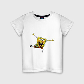 Детская футболка хлопок с принтом СПАНЧ БОБ в Новосибирске, 100% хлопок | круглый вырез горловины, полуприлегающий силуэт, длина до линии бедер | губка боб | желтый | квадратные штаны | мультфильм | смайлик. | спанч боб