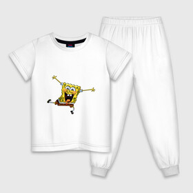 Детская пижама хлопок с принтом СПАНЧ БОБ в Новосибирске, 100% хлопок |  брюки и футболка прямого кроя, без карманов, на брюках мягкая резинка на поясе и по низу штанин
 | губка боб | желтый | квадратные штаны | мультфильм | смайлик. | спанч боб