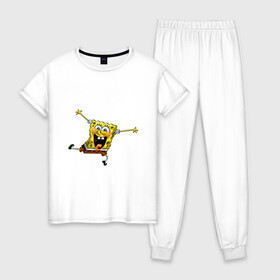Женская пижама хлопок с принтом СПАНЧ БОБ в Новосибирске, 100% хлопок | брюки и футболка прямого кроя, без карманов, на брюках мягкая резинка на поясе и по низу штанин | губка боб | желтый | квадратные штаны | мультфильм | смайлик. | спанч боб