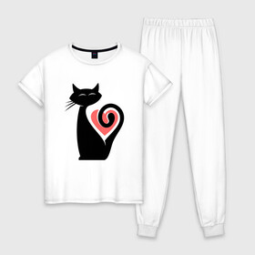 Женская пижама хлопок с принтом Heart Cat в Новосибирске, 100% хлопок | брюки и футболка прямого кроя, без карманов, на брюках мягкая резинка на поясе и по низу штанин | animal | cat | cute | kitty | meow | друг | животные | киска | кися | китти | кот | котенок | котик | котэ | кошечка | кошка | мур | мяу | питомец | сердце