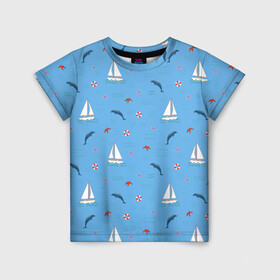 Детская футболка 3D с принтом Море, дельфины, парусник в Новосибирске, 100% гипоаллергенный полиэфир | прямой крой, круглый вырез горловины, длина до линии бедер, чуть спущенное плечо, ткань немного тянется | boat | dolphins | lifebuoy | marine | ocean | sea | southern | starfish | summer | vacation | waves | волны | корабль | лето | лодка | морская звезда | морской | обитатели | океан | отдых | пейзаж | плавание | пляж | синий | спасательный круг | 