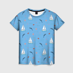 Женская футболка 3D с принтом Море, дельфины, парусник в Новосибирске, 100% полиэфир ( синтетическое хлопкоподобное полотно) | прямой крой, круглый вырез горловины, длина до линии бедер | boat | dolphins | lifebuoy | marine | ocean | sea | southern | starfish | summer | vacation | waves | волны | корабль | лето | лодка | морская звезда | морской | обитатели | океан | отдых | пейзаж | плавание | пляж | синий | спасательный круг | 