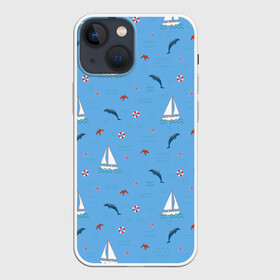 Чехол для iPhone 13 mini с принтом Море, дельфины, парусник в Новосибирске,  |  | boat | dolphins | lifebuoy | marine | ocean | sea | southern | starfish | summer | vacation | waves | волны | корабль | лето | лодка | морская звезда | морской | обитатели | океан | отдых | пейзаж | плавание | пляж | синий | спасательный круг | 