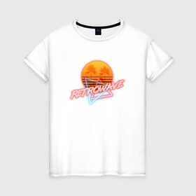 Женская футболка хлопок с принтом Retrowave style в Новосибирске, 100% хлопок | прямой крой, круглый вырез горловины, длина до линии бедер, слегка спущенное плечо | neon | palms | retrowave | sun | sunset | закат | неон | пальмы | ретровейв | солнце
