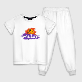 Детская пижама хлопок с принтом Suns - The Valley в Новосибирске, 100% хлопок |  брюки и футболка прямого кроя, без карманов, на брюках мягкая резинка на поясе и по низу штанин
 | Тематика изображения на принте: basketball | mvp | nba | phoenix | sport | streetball | suns | аризона | баскетбол | игра | крис пол | мяч | нба | санс | спорт | стритбол | тренер | финикс | чемпион