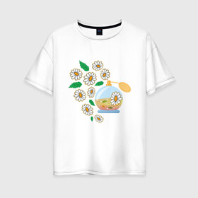 Женская футболка хлопок Oversize с принтом Духи с ромашкой в Новосибирске, 100% хлопок | свободный крой, круглый ворот, спущенный рукав, длина до линии бедер
 | aroma | chamomile | flower | perfume | аромат | духи | парфюм | ромашка | цветок