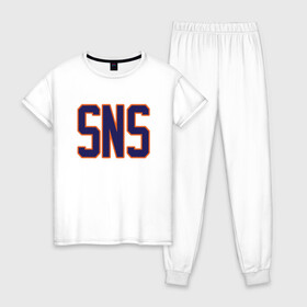 Женская пижама хлопок с принтом SNS - Suns в Новосибирске, 100% хлопок | брюки и футболка прямого кроя, без карманов, на брюках мягкая резинка на поясе и по низу штанин | Тематика изображения на принте: basketball | mvp | nba | phoenix | sport | streetball | suns | аризона | баскетбол | игра | крис пол | мяч | нба | санс | спорт | стритбол | тренер | финикс | чемпион