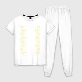 Женская пижама хлопок с принтом Золотые бутоны в Новосибирске, 100% хлопок | брюки и футболка прямого кроя, без карманов, на брюках мягкая резинка на поясе и по низу штанин | вензеля | золотые бутоны | симметрия | узор | цветы
