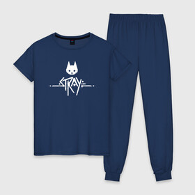 Женская пижама хлопок с принтом Stray Game 2021 Logo в Новосибирске, 100% хлопок | брюки и футболка прямого кроя, без карманов, на брюках мягкая резинка на поясе и по низу штанин | Тематика изображения на принте: 2021 | cat | cyberpunk | game | stray | бродилка | бродить | бродячий | киберпанк | кот | стрей | стрэй