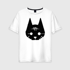 Женская футболка хлопок Oversize с принтом Stray Game 2021 в Новосибирске, 100% хлопок | свободный крой, круглый ворот, спущенный рукав, длина до линии бедер
 | 2021 | cat | cyberpunk | game | stray | бродилка | бродить | бродячий | киберпанк | кот | стрей | стрэй
