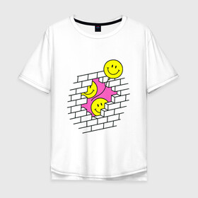 Мужская футболка хлопок Oversize с принтом ШАРИКИ В СТЕНЕ / РЕТРО в Новосибирске, 100% хлопок | свободный крой, круглый ворот, “спинка” длиннее передней части | smile. | иллюзия | кирпич | классический | ретро | смайл | смайлик | стена | шарики