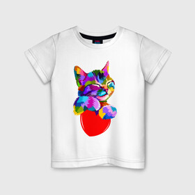 Детская футболка хлопок с принтом РАДУЖНЫЙ КОТИК / RAINBOW KITTY в Новосибирске, 100% хлопок | круглый вырез горловины, полуприлегающий силуэт, длина до линии бедер | heart | kitty | like | low poly | rainbow | животные | звери | котик | лайк | радуга | радужный котик | сердечко | цветные