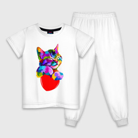 Детская пижама хлопок с принтом РАДУЖНЫЙ КОТИК / RAINBOW KITTY в Новосибирске, 100% хлопок |  брюки и футболка прямого кроя, без карманов, на брюках мягкая резинка на поясе и по низу штанин
 | Тематика изображения на принте: heart | kitty | like | low poly | rainbow | животные | звери | котик | лайк | радуга | радужный котик | сердечко | цветные