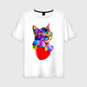 Женская футболка хлопок Oversize с принтом РАДУЖНЫЙ КОТИК / RAINBOW KITTY в Новосибирске, 100% хлопок | свободный крой, круглый ворот, спущенный рукав, длина до линии бедер
 | heart | kitty | like | low poly | rainbow | животные | звери | котик | лайк | радуга | радужный котик | сердечко | цветные