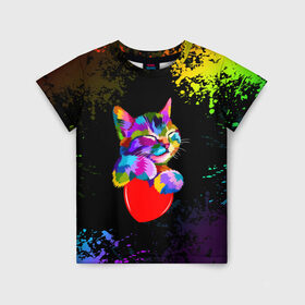 Детская футболка 3D с принтом РАДУЖНЫЙ КОТИК / RAINBOW KITTY в Новосибирске, 100% гипоаллергенный полиэфир | прямой крой, круглый вырез горловины, длина до линии бедер, чуть спущенное плечо, ткань немного тянется | heart | kitty | like | low poly | rainbow | животные | звери | котик | лайк | радуга | радужный котик | сердечко | цветные
