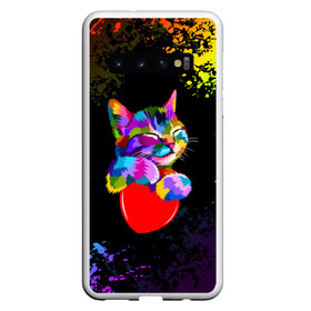 Чехол для Samsung Galaxy S10 с принтом РАДУЖНЫЙ КОТИК / RAINBOW KITTY в Новосибирске, Силикон | Область печати: задняя сторона чехла, без боковых панелей | heart | kitty | like | low poly | rainbow | животные | звери | котик | лайк | радуга | радужный котик | сердечко | цветные