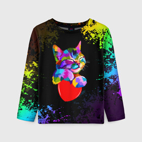 Детский лонгслив 3D с принтом РАДУЖНЫЙ КОТИК / RAINBOW KITTY в Новосибирске, 100% полиэстер | длинные рукава, круглый вырез горловины, полуприлегающий силуэт
 | heart | kitty | like | low poly | rainbow | животные | звери | котик | лайк | радуга | радужный котик | сердечко | цветные