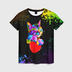 Женская футболка 3D с принтом РАДУЖНЫЙ КОТИК / RAINBOW KITTY в Новосибирске, 100% полиэфир ( синтетическое хлопкоподобное полотно) | прямой крой, круглый вырез горловины, длина до линии бедер | heart | kitty | like | low poly | rainbow | животные | звери | котик | лайк | радуга | радужный котик | сердечко | цветные