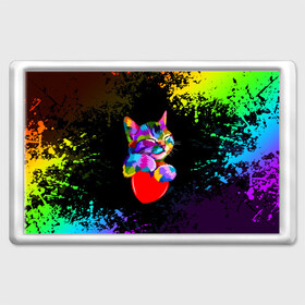 Магнит 45*70 с принтом РАДУЖНЫЙ КОТИК / RAINBOW KITTY в Новосибирске, Пластик | Размер: 78*52 мм; Размер печати: 70*45 | Тематика изображения на принте: heart | kitty | like | low poly | rainbow | животные | звери | котик | лайк | радуга | радужный котик | сердечко | цветные