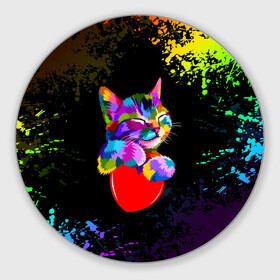 Коврик для мышки круглый с принтом РАДУЖНЫЙ КОТИК / RAINBOW KITTY в Новосибирске, резина и полиэстер | круглая форма, изображение наносится на всю лицевую часть | heart | kitty | like | low poly | rainbow | животные | звери | котик | лайк | радуга | радужный котик | сердечко | цветные