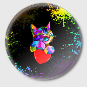 Значок с принтом РАДУЖНЫЙ КОТИК / RAINBOW KITTY в Новосибирске,  металл | круглая форма, металлическая застежка в виде булавки | Тематика изображения на принте: heart | kitty | like | low poly | rainbow | животные | звери | котик | лайк | радуга | радужный котик | сердечко | цветные