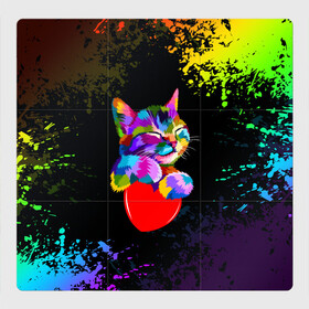 Магнитный плакат 3Х3 с принтом РАДУЖНЫЙ КОТИК / RAINBOW KITTY в Новосибирске, Полимерный материал с магнитным слоем | 9 деталей размером 9*9 см | Тематика изображения на принте: heart | kitty | like | low poly | rainbow | животные | звери | котик | лайк | радуга | радужный котик | сердечко | цветные