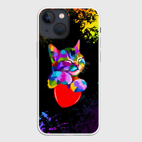 Чехол для iPhone 13 mini с принтом РАДУЖНЫЙ КОТИК   RAINBOW KITTY в Новосибирске,  |  | heart | kitty | like | low poly | rainbow | животные | звери | котик | лайк | радуга | радужный котик | сердечко | цветные